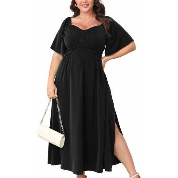 Semi Formal Ruffle Short Sleeve Sweetheart Neckline Slit A Line Flowy Maxi Dress - Picture 2 of 4